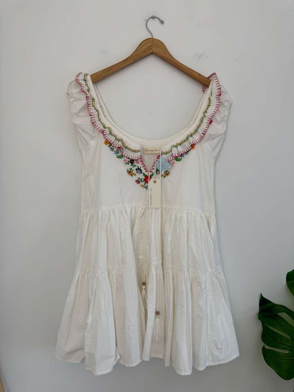By Together White Embroidered Ruffle Neck Tiered Dress oversized